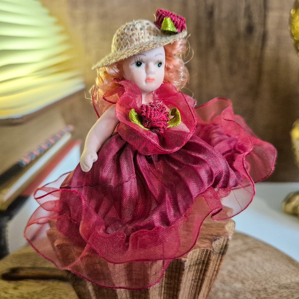 Vintage Peruvian Clay Jointed Victorian Lady Doll Folk Art Miniature